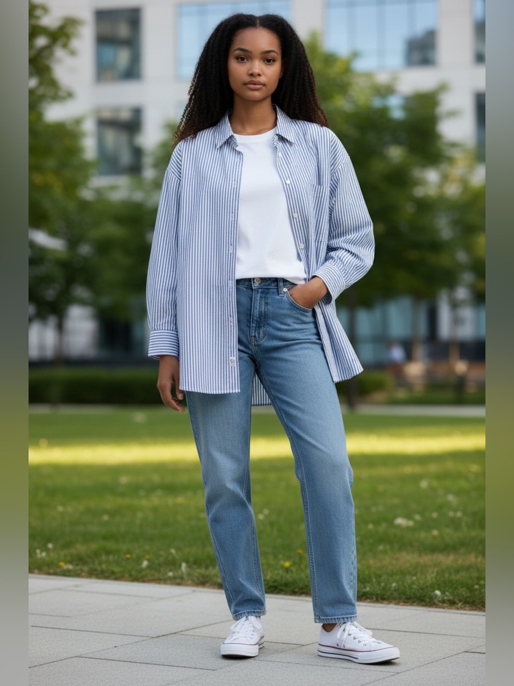 Zara White and Blue Pinstripe Button-Down Shirt